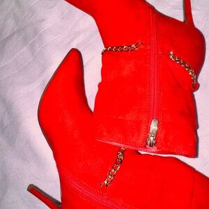 Marc Fisher Vibrant Red Heeled Boots with Chain Detail